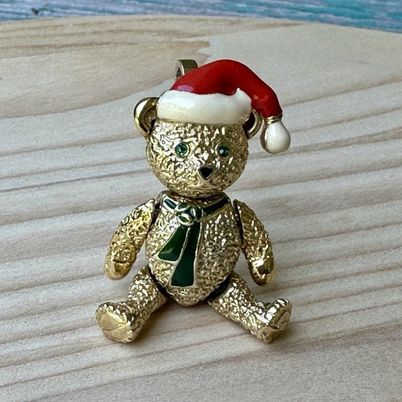 VTG Batya Brooch Pendant 2" Santa Christmas‎ Teddy Bear Articulated Gold Plated - Picture 2 of 10